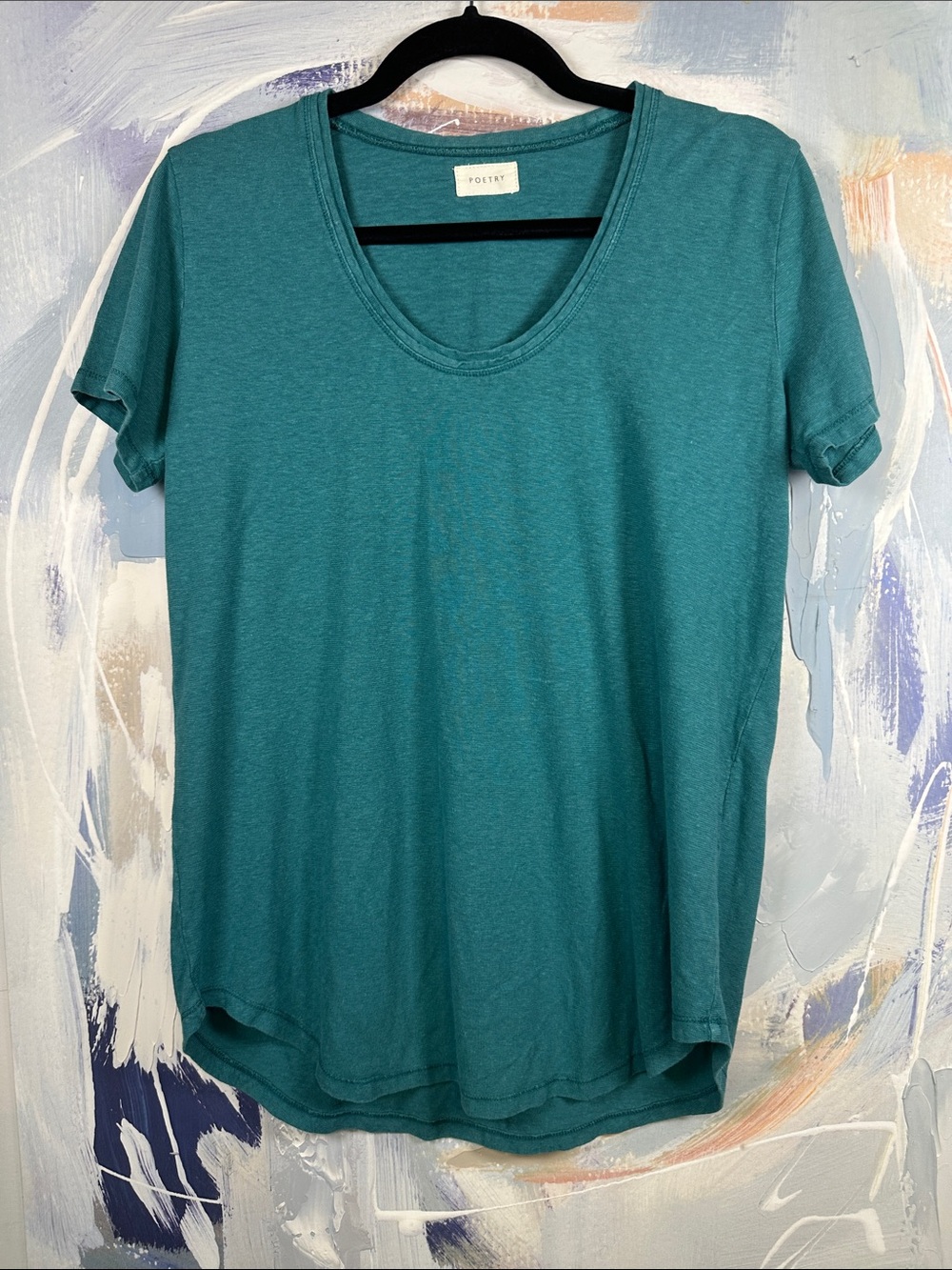POETRY Women’s Size 6 S Teal Scoop Neck T Shirt Soft Cotton Blend Quiet Luxury